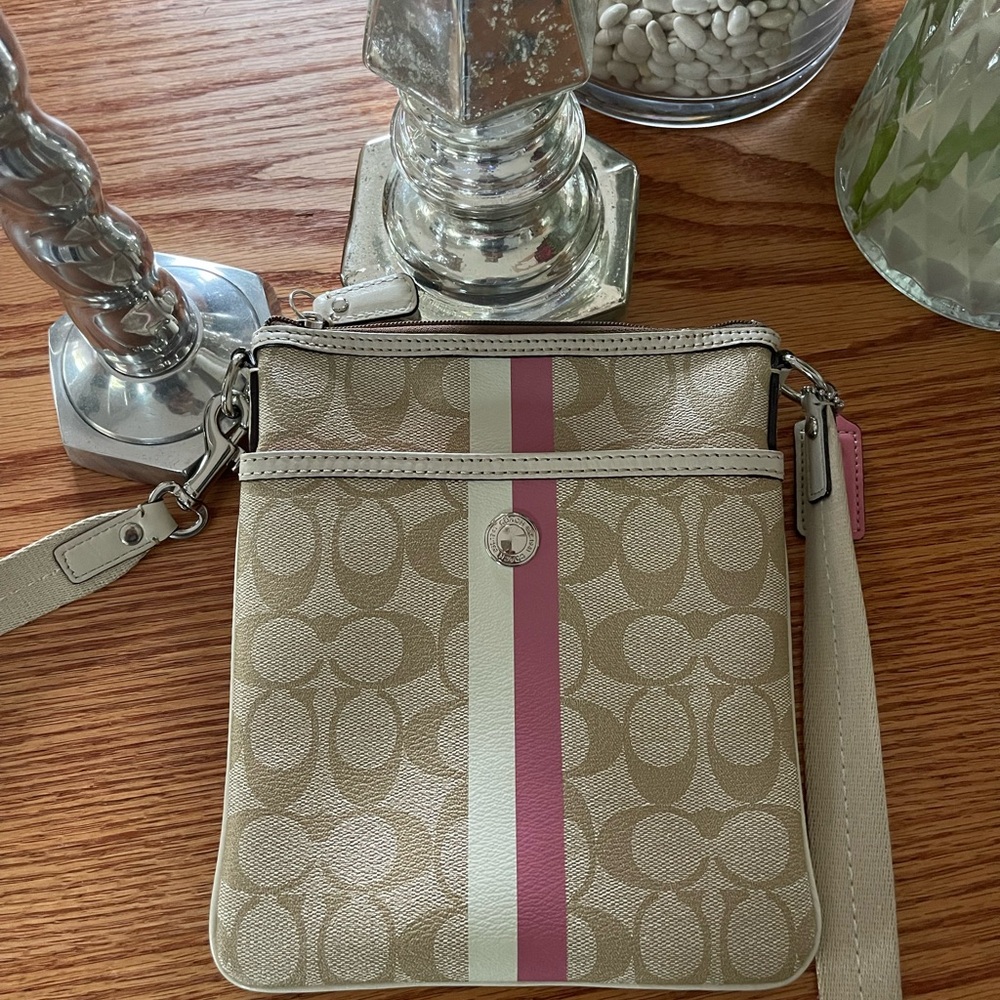 Coach Cream and Pink Crossbody Bag with Signature Design